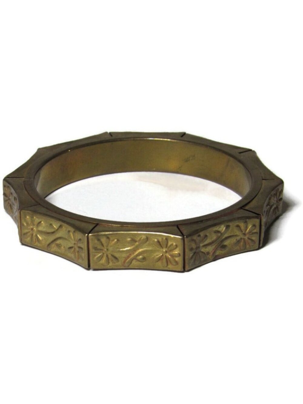 Vintage Art Nouveau Brass Bangle Bracelet Scalloped Floral 1940's